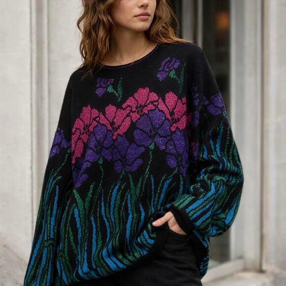 Grannycore Lurex 90s vintage floral Black Blue Purple Pink - Picture 2 of 4